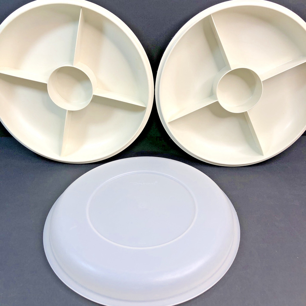 Vintage 2x Tupperware Divided Serving Dish Tray ONLY 1 LID Veggie Snack USA/CAN